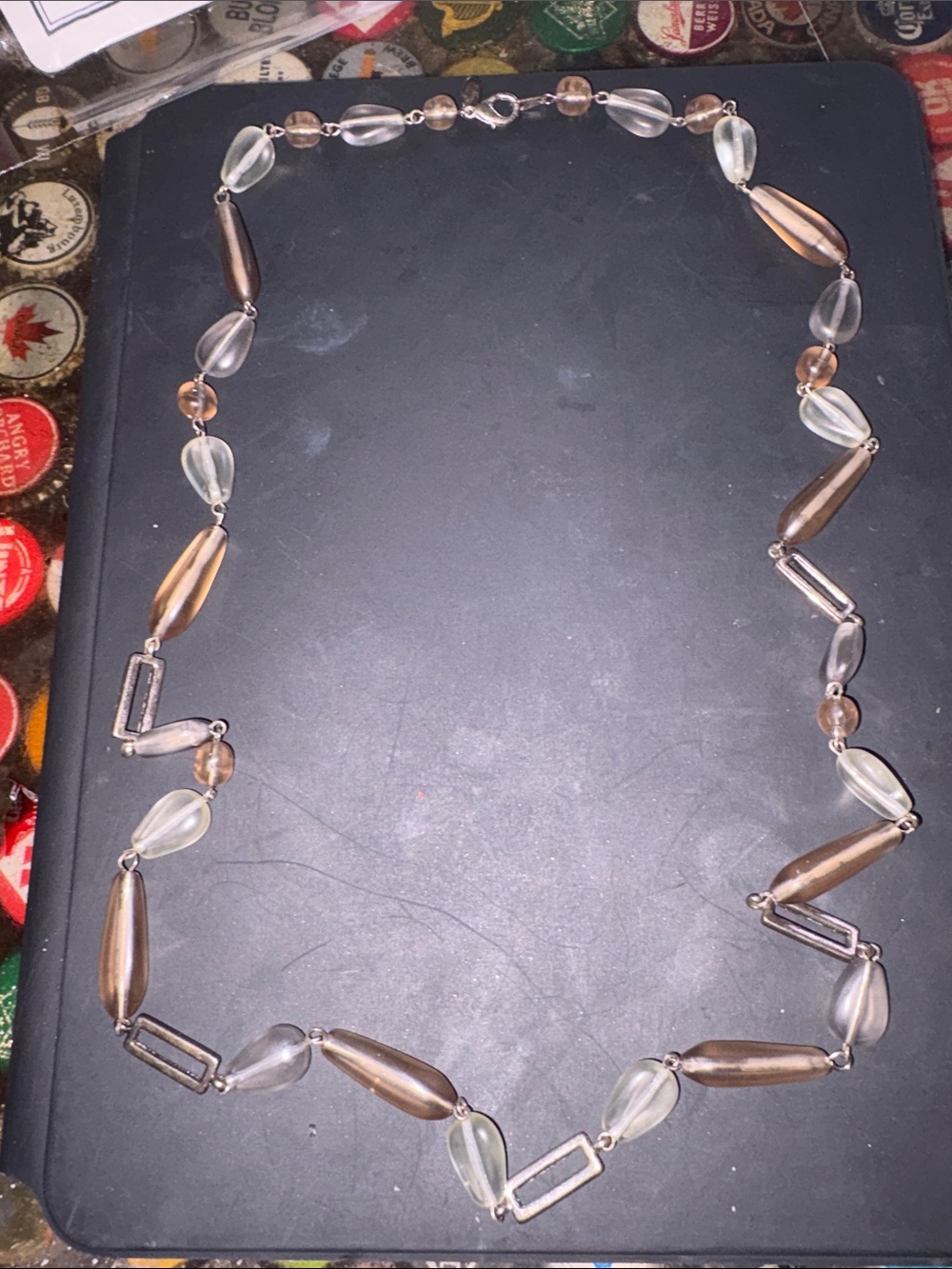 Vintage Handmade Necklace: Taupe & Frosted Clear Beads w/ Silver Tone Links